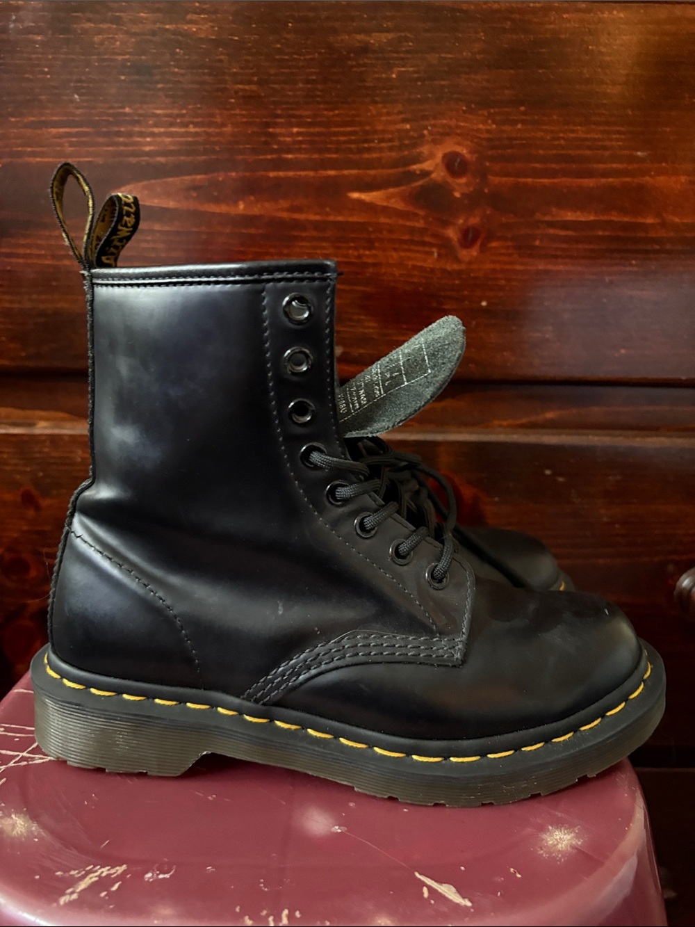 Dr. Martens Black Leather Lace-Up Ankle Boots with Yellow Stitching